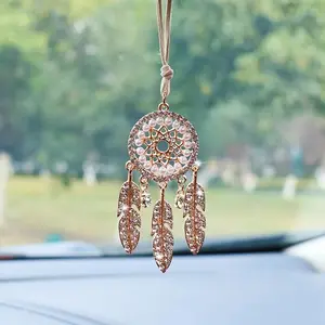 Boho Car Rearview Mirror Ornament, Dreamcatcher Hanging Decoration, Metal Pendant with Rhinestones, Bohemian Style Auto Accessory