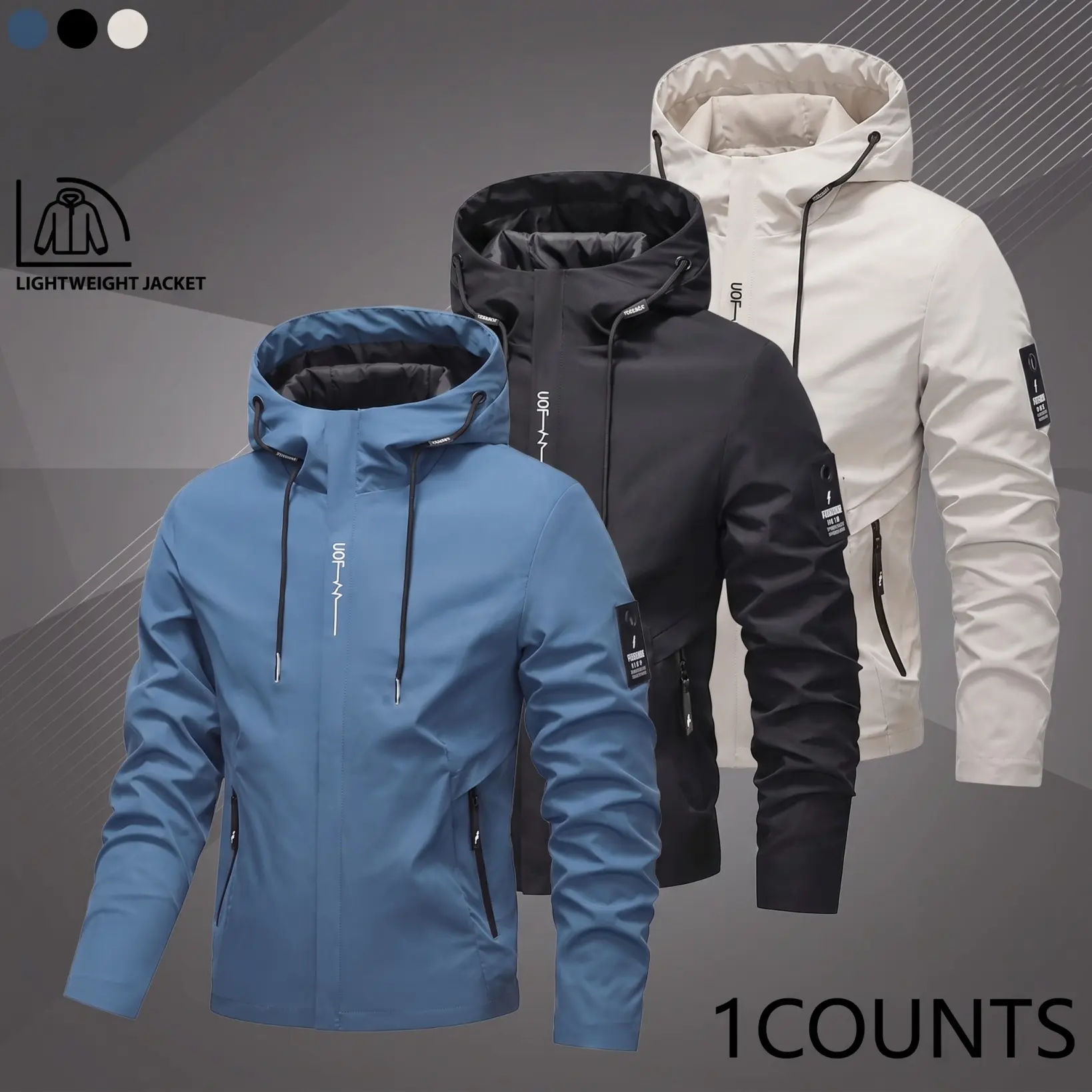 Men’s lightweight softshell jacket, breathable hooded outer layer suitable for hiking, camping, and cycling; outdoor jacket with a sporty casual design, available in various colors.