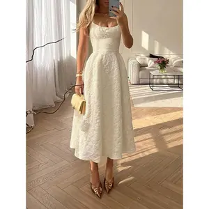 -Elegant Solid Color French Style High-End Elegant Lightweight Party Dress, Sleeveless Cinched Waist Slim Midi Dress, Apricot Fit Formal Womenswear Chic Everyday Fabric Seamless Zipper Polyester Workwear Basic Cream Minimalist
