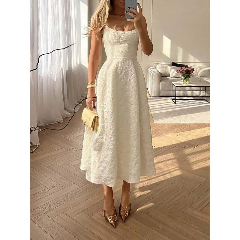 -Elegant Solid Color French Style High-End Elegant Lightweight Party Dress, Sleeveless Cinched Waist Slim Midi Dress, Apricot Fit Formal Womenswear Chic Everyday Fabric Seamless Zipper Polyester Workwear Basic Cream Minimalist