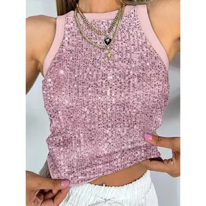 Camouflage Pattern O-neck Sleeveless Sequin Tank Contrast Binding Slim Fitted Top??gift?? Fabric Womenswear(Sheets)