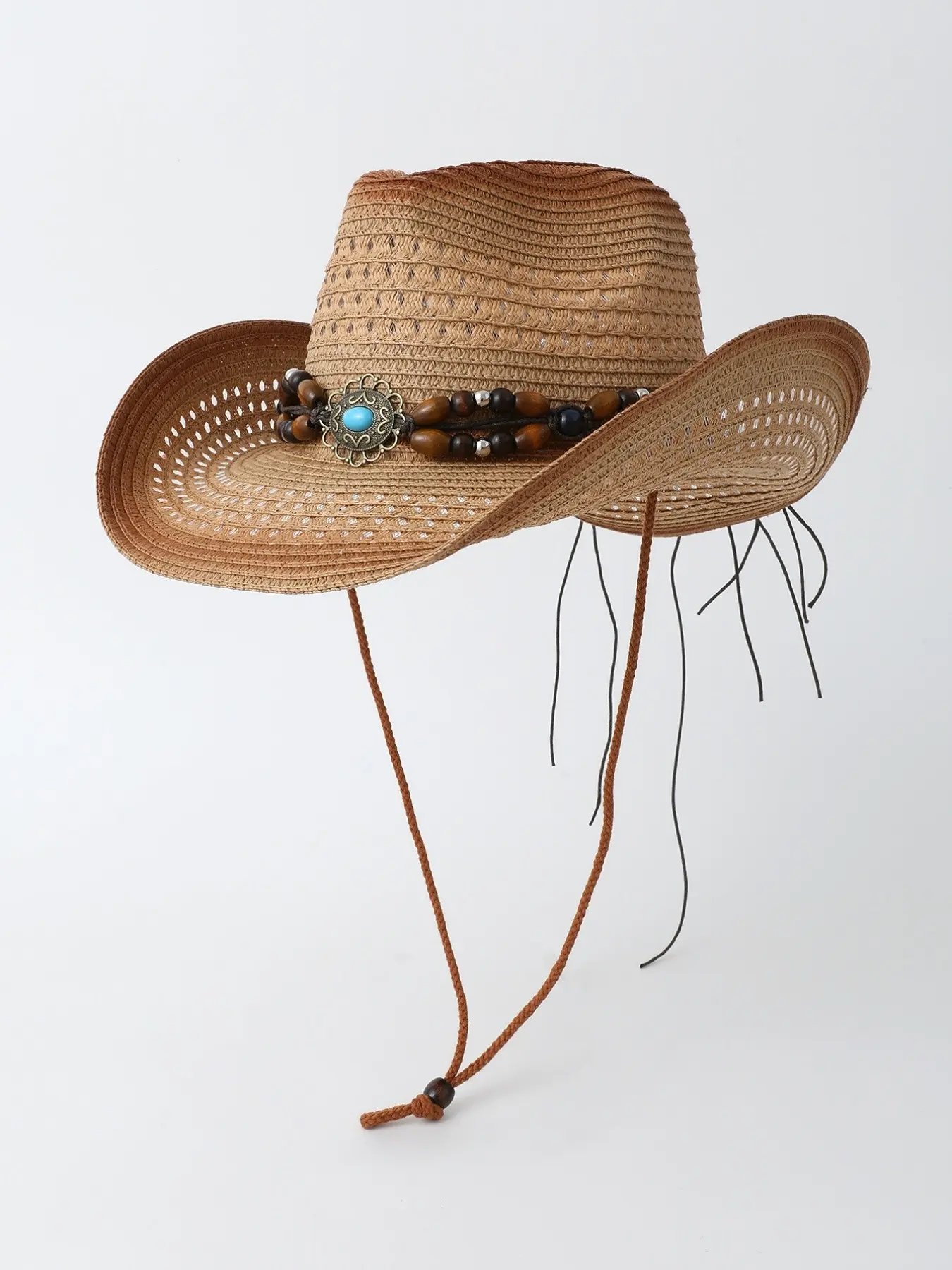 Vintage Western Boho Style Straw Cowboy Hat, Turquoise 