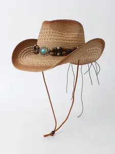 Vintage Western Boho Style Straw Cowboy Hat, Turquoise Beaded Sun Protection Hat, Outdoor Beach Loose Fit Shade Cap, Unisex Summer Vacation Hat