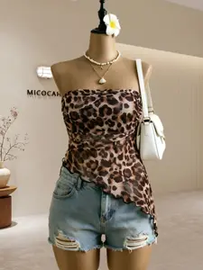 Sexy Leopard Print Tube Top for Women, Mesh Sheer Ruched Waist Wave Asymmetrical Hem, Slim Fit Short Crop Wrap Top