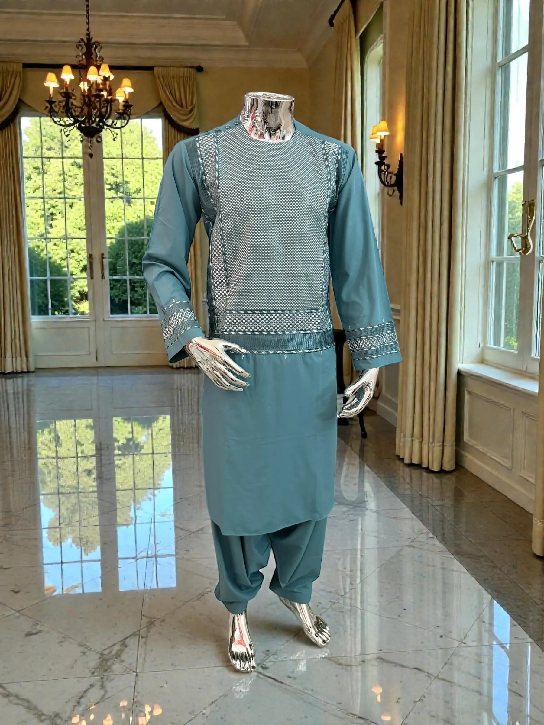 Medium Teal Kameez with White and Teal Machine Embroidery Premium Afghan Traditional Wear