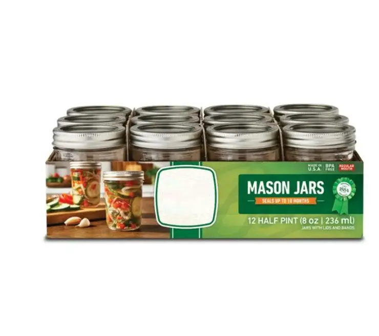 Glass Mason Jar w/ Lid & Band, Regular Mouth, 8 Ounces, 12 Count - Ideal for Fizzy Beverages - Drinkware, Tin Containers Kitchen