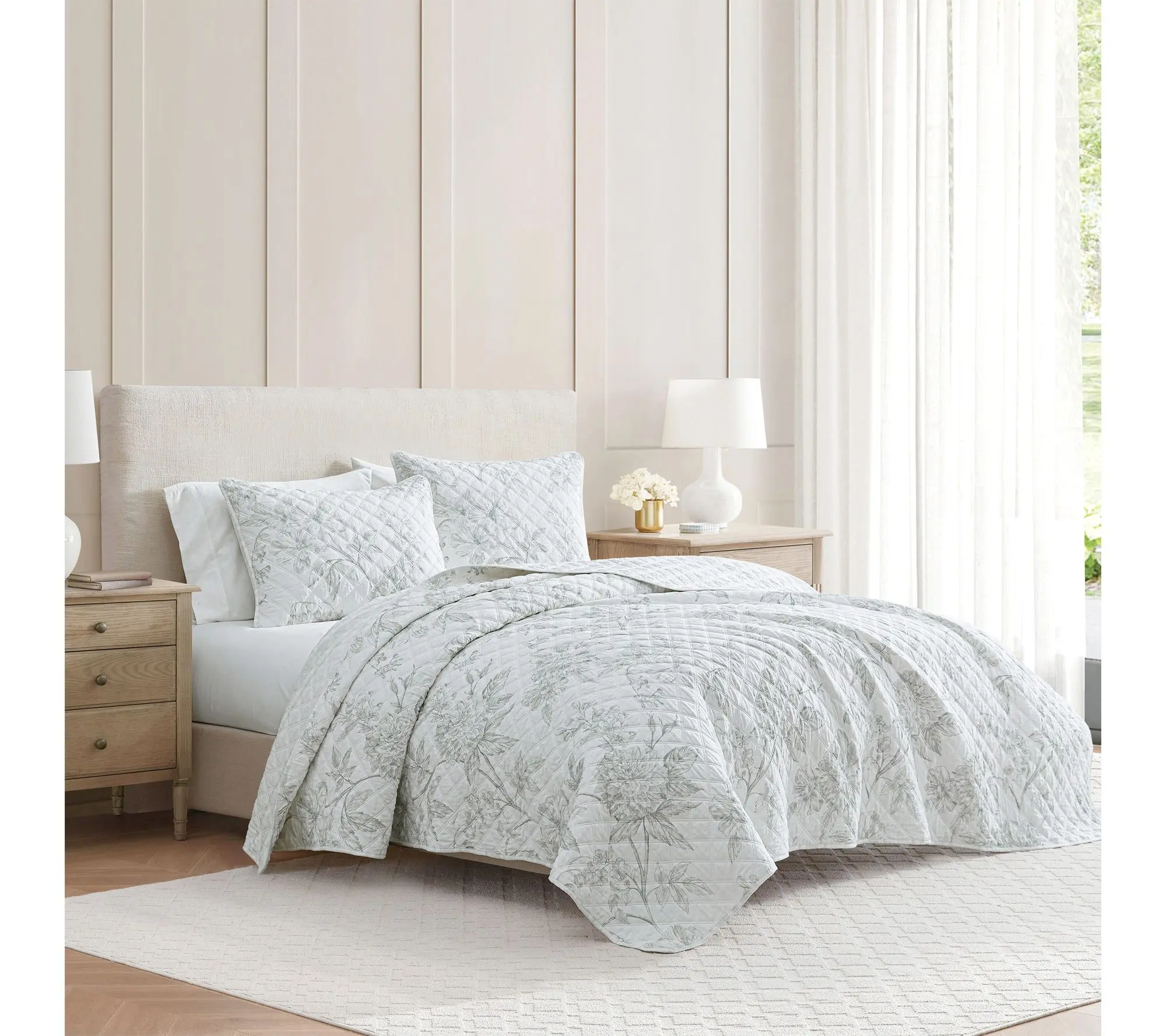 Martha Stewart Vine Flora Green Cotton Queen Quilt Set