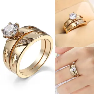 New Gold-Plated White Zircon Interlocked Stackable Beautiful Rings - Geometric Design Jewelry Ring Set, Artificial Gemstone Couple Accessory for Sports Wristbands