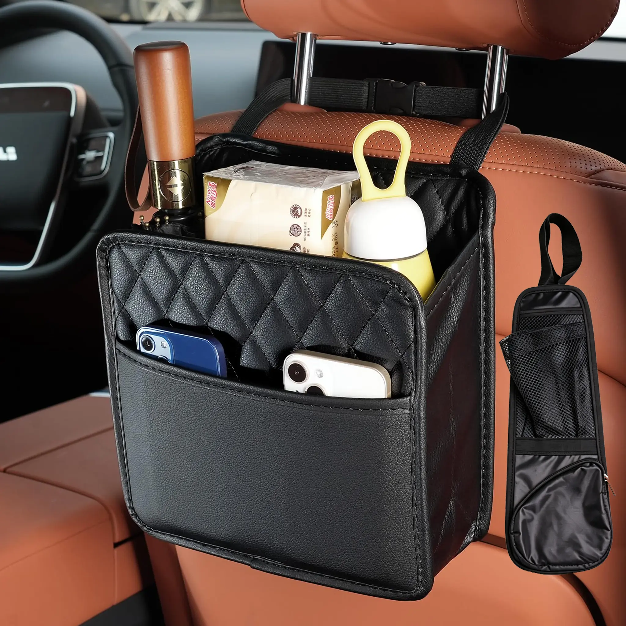 PU Leather Car Seat Back Organizer with Elastic Strap, 3 Pockets, Trash Can & Free Side Pocket - Universal Fit Backseat Travel Tray Stowing & Tidying Accessory for SUVs, Trucks Travel Essentials
