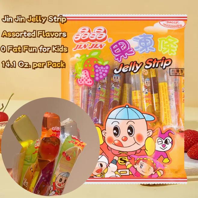 JinJin - Jelly Strip Assorted Flavors Sweet 400g / 14.10oz per Pack Low Calories 0 Fat Snack for Holiday Sharing Package Dessert Juicy Fun Fruit