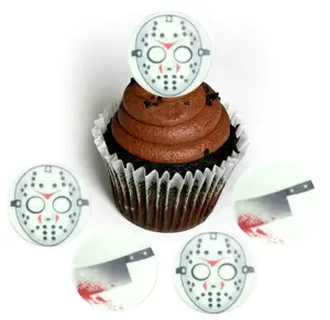 Halloween Serial Killer Hockey Mask Bloody Hatchet Jason Wafer Paper Toppers 1.5 Inch for Decorating Desserts Cupcakes Cakes Pack of 24 Edible Wafer USA Handmade