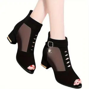 Elegant Black Mesh Open Toe Ankle Boots Thick Heels - Stylish Rear Zipper Design, Breathable And Comfortable Women's High Heels Are Suitable For All Seasons, Fashionable Office Shoes |         Zipper Closed Boots |         Fashionable Synthetic Uppers,