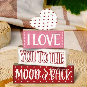 4 Pcs Valentine's Day Wooden Signs Heart Table Decor Rustic Distressed Valentines Centerpieces Blocks Farmhouse Tiered Tray Decor Valentine Day Decorations for Home Desk Shelf Heart Plaque