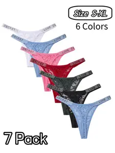 Breathable Sweet Sexy Women's Thong Underwear, Lingerie, Fashion Rhinestone Waistband, Lace Cutout T-String, 7 Pcs Set, Versatile for Multiple Occasions