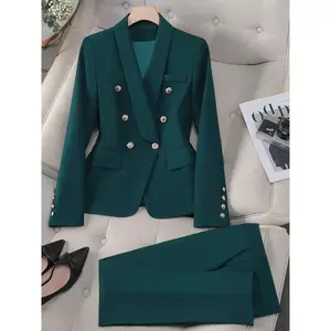 Elegant Fitted Women's Two-Piece Suit Set, Spring & Fall Fashion, Button-Decorated Woven Jacket and Pants with Zipper Pockets, Office Commute Wear