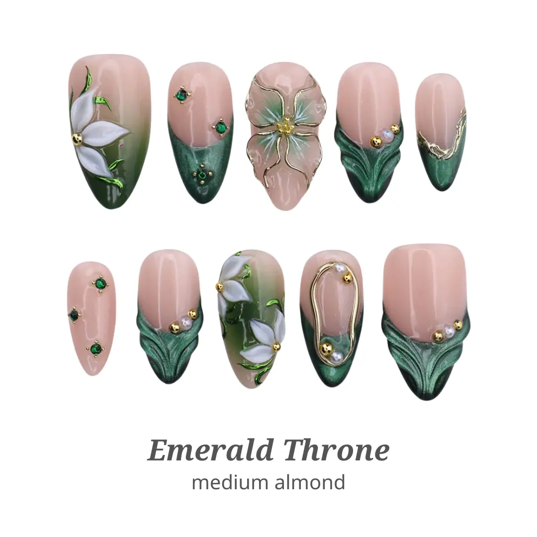 Lilynailsart | Emerald Green Press On Nails - Gold Chrome 3D Flower Rhinestone Nails - Medium Almond Elegant Reusable Set