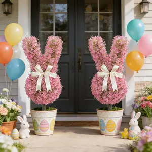 Easter Pink Bunny Garden Stake - Flower Cluster Artificial Rabbit Plant Decor with Satin Bow, Outdoor Yard Spring Easter Floral Decoration & Gift