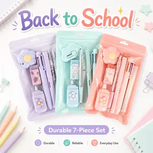 7Pcs Pink Stationery Set, Kawaii Aesthetic School & Office Supplies Kit, Cute Desk Accessories for Girls Teens, Ballpoint Pens, Highlighter, Pencil Sharpener, Correction Tape, Ruler, Back to School Study Essentials, Cute Gift for Girls Teens