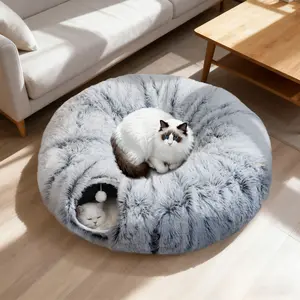 LFC PETS Round Peekaboo Cave Foldable Donut Tunnel Cat Bed, Soft Plush Hideaway Toy Bed for Cats & Small Pets, Cozy Warm Sleeping Nest, Grey