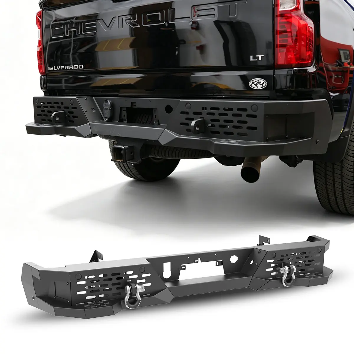WOLFSTORM 1x Rear Bumper with Pipe Frame, Spare Wheel Lock, 2pcs 4" Pod Lights & Factory Trailer Plug - Modular 3-Piece Design, Custom Fit for 2020-2026 Chevy Truck Silverado 2500/3500/2500 HD/3500 HD (2 Styles)