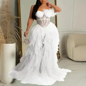 [V&T] Summer Pretty Ruffle Chiffon Party Feather Women Maxi Dress Elegant Sheer Mesh Corset Long Party Dress Birthday Outfit, Graceful, Enchanting