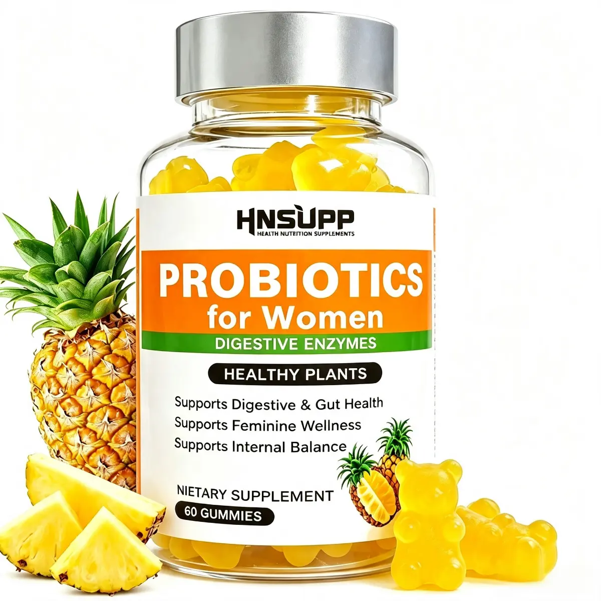 Pineapple Bear Probiotic Gummies for Women, Chewable Supplements, Ease Bloating & Support Gut Balance, Natural Fruity Flavor