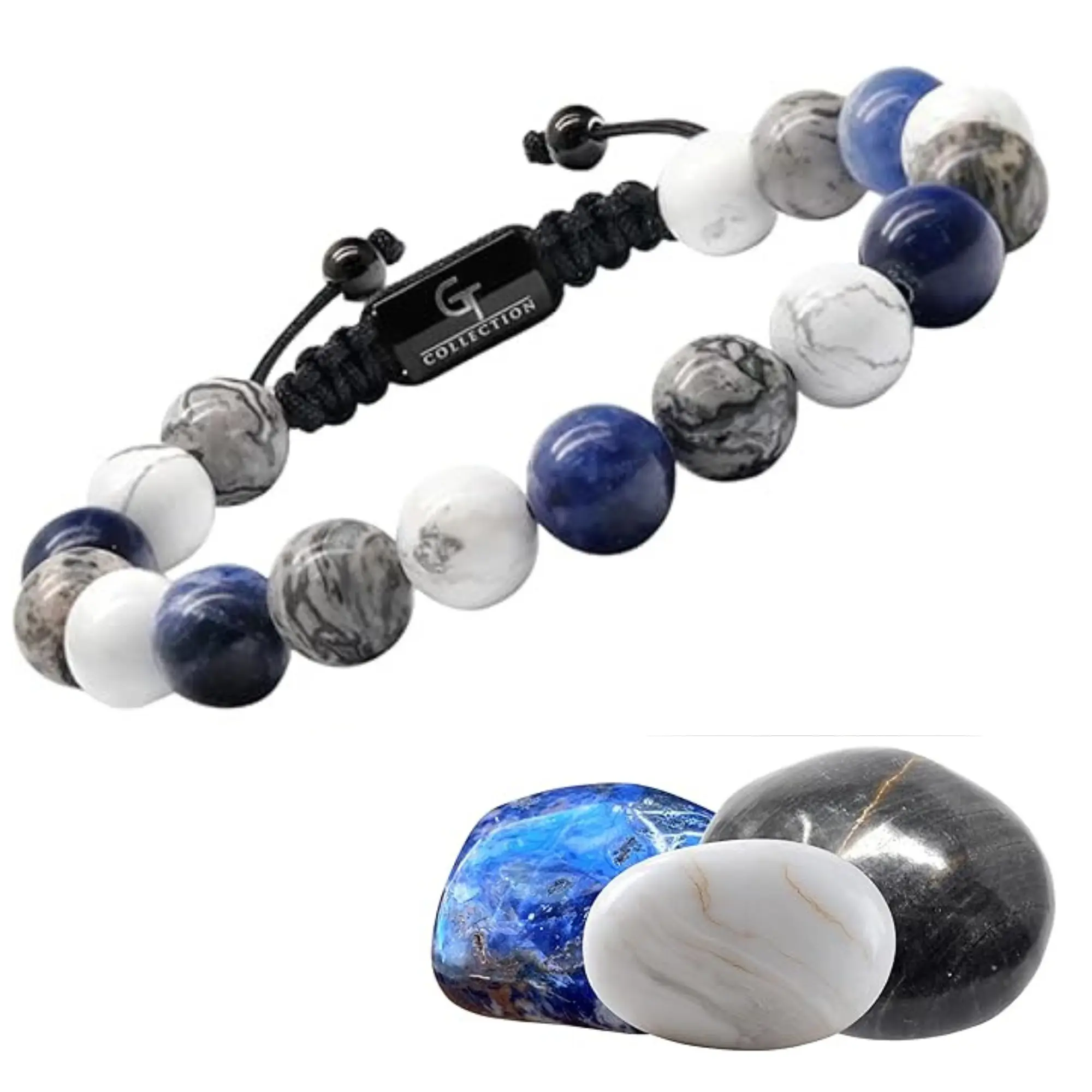 GT Collection Men's Sodalite Howlite Jasper Beaded Bracelet Handcrafted Natural Gemstones Adjustable Macrame Knot One Size Fits All