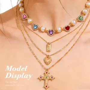 Y2K Layered Cross Pendant Choker  Golden Jesus Crucifix Statement Necklace, Vintage Link Chain Set for Women, Mystery Ocean Style Jewelry, Goth Aesthetic Black Festive Accessory, Chic Luxury Religious Gift