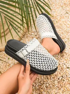 Woven Mesh Platform Mule Clogs, Closed Toe & Buckle Strap, Ultimate Boho & Summer Vibe, PU Upper, Rubber Sole, #meshclogs #platformslides