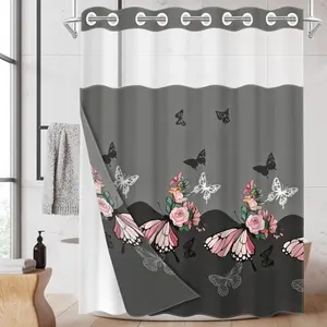 1pc hookless shower curtain with buckle lining, pink floral and black butterfly pattern, 2D printing, fabric waterproof lining, see-through double-layer shower curtain, 71 x 74 inches, Home goods, home curtain, Shower Curtain Liner