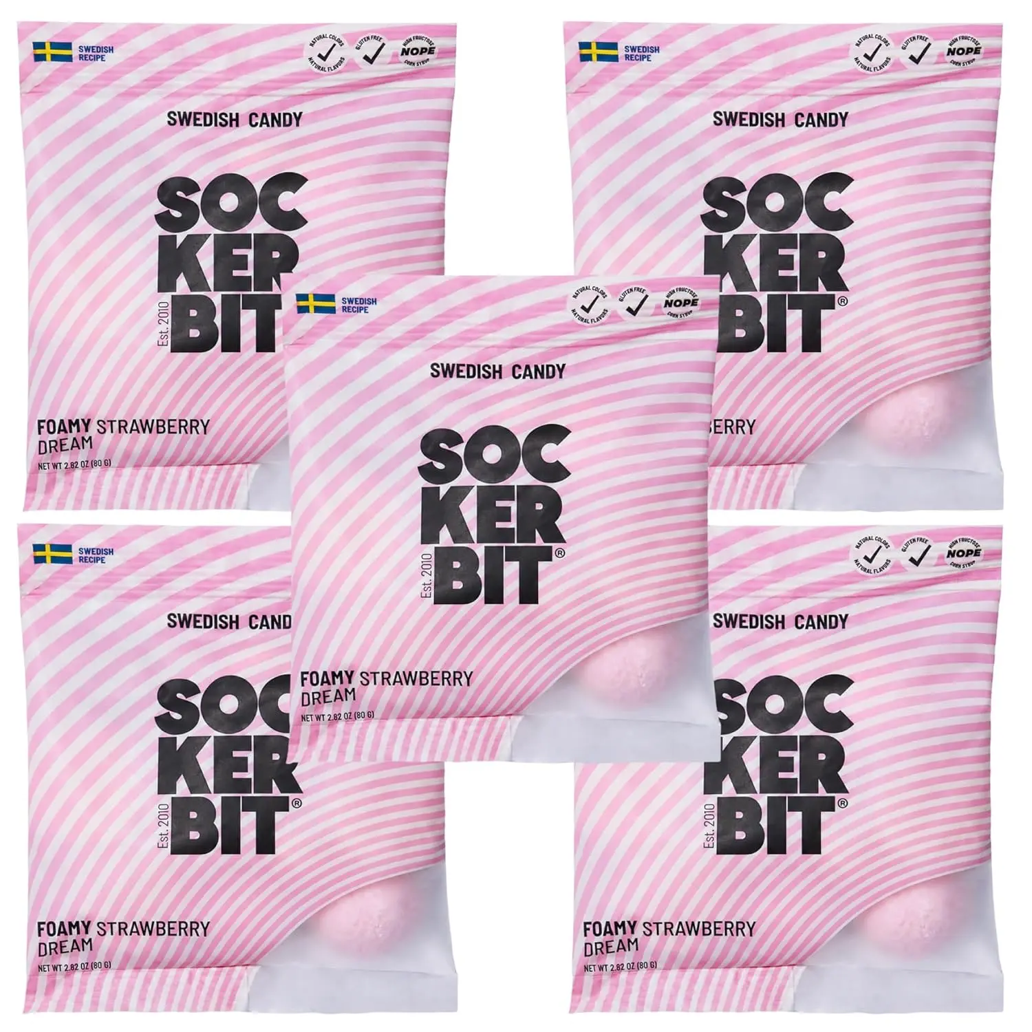 Sockerbit Swedish Candy Foamy Dream, 5 Bags, Soft Strawberry Marshmallow Gummy Candy, Sweet Sugar-Coated Puffy & Pink Foam Gummies, Gluten Free & Non GMO, 2.82oz Each Bag