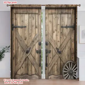 2D Flat 2Pcs farmhouse style rustic wood door print curtains, rod pocket semi-blackout, room darkening window drapes for living, bedroom decor, privacy protection, home decorative