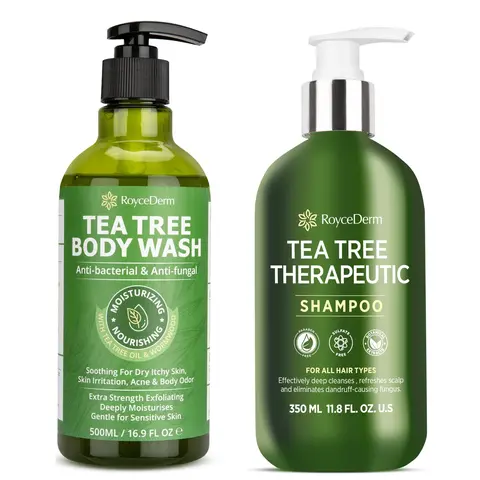 Roycederm Tea Tree Body Wash & Shampoo Combo - Antifungal, Antibacterial Body Care for Dry Scalp, Dandruff - Gentle Daily Cleanser for Sensitive Skin with Salicylic Acid, Tea Tree Oil - 500ml Wash, 350ml Shampoo