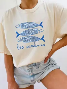 Women's Sardine & Letter Print Round Neck Tee, Casual Short Sleeve Crew Neck T-shirt for Summer, Everyday Fashion Women's Top for Daily Wear