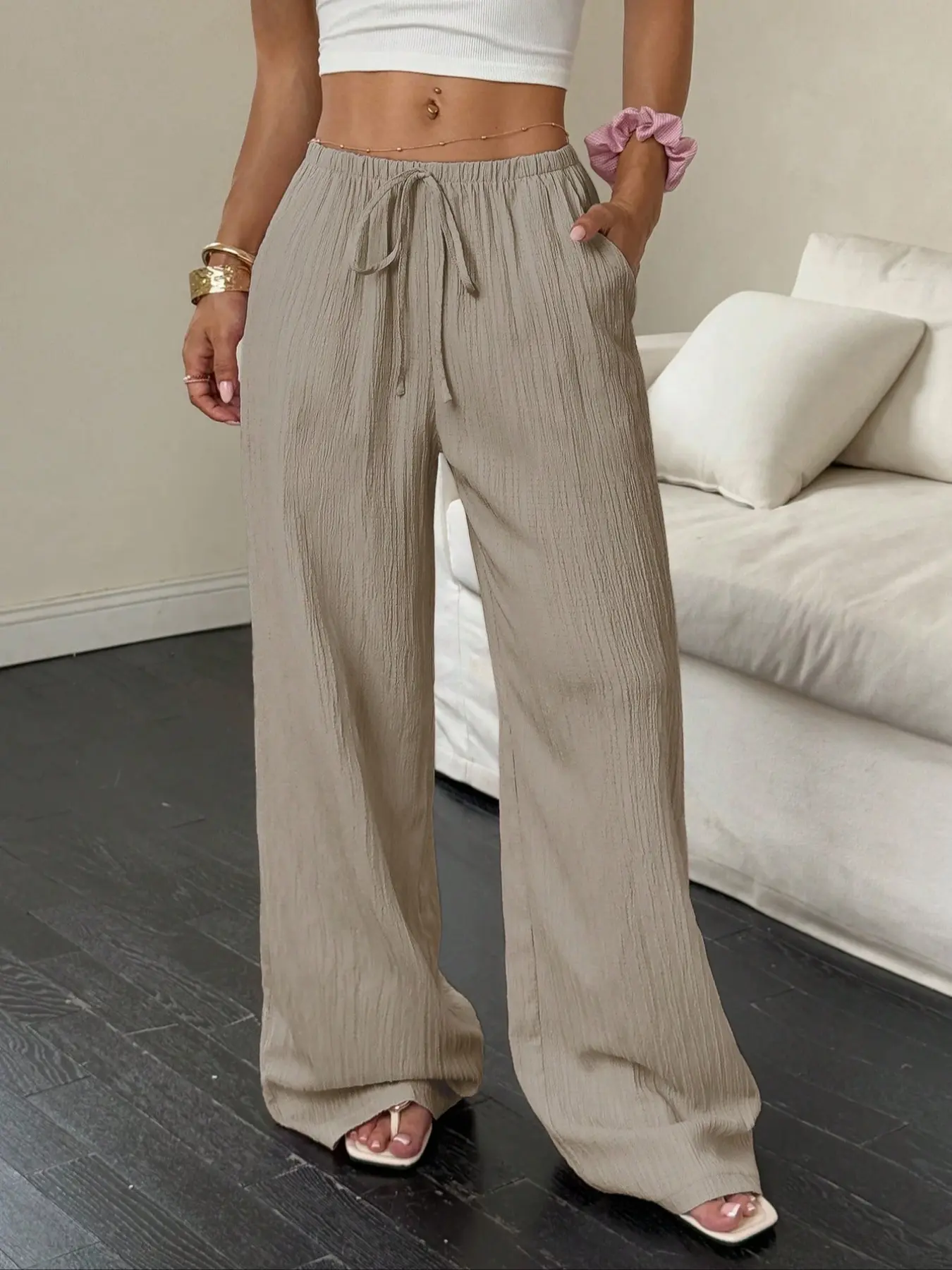 Women's Solid Color Pocket Drawstring Loose Wide Leg Woven Fabric Pants, Casual High Waist Trousers, Comfortable Fashion Fit for Daily Wear Womenswear