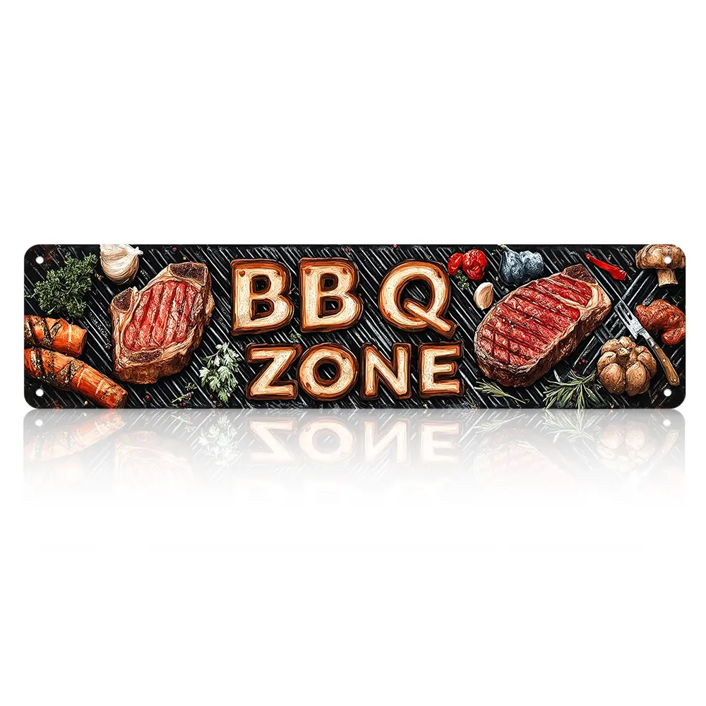 Grill Steak BBQ Zone Long Aluminum Metal Sign 4x16 Inch, Realistic Meat Herb Black Grill Background Wall Decor, Backyard Patio Barbecue Hanging Plaque, Gift for Grill Master Man Cave Outdoor Kitchen