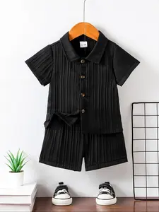 Two-Piece Set Toddler Boy's Solid Short Sleeve Shirt & Elastic Waist Shorts, Casual Summer Clothes for Kids, Little Boys, Toddler Outfit