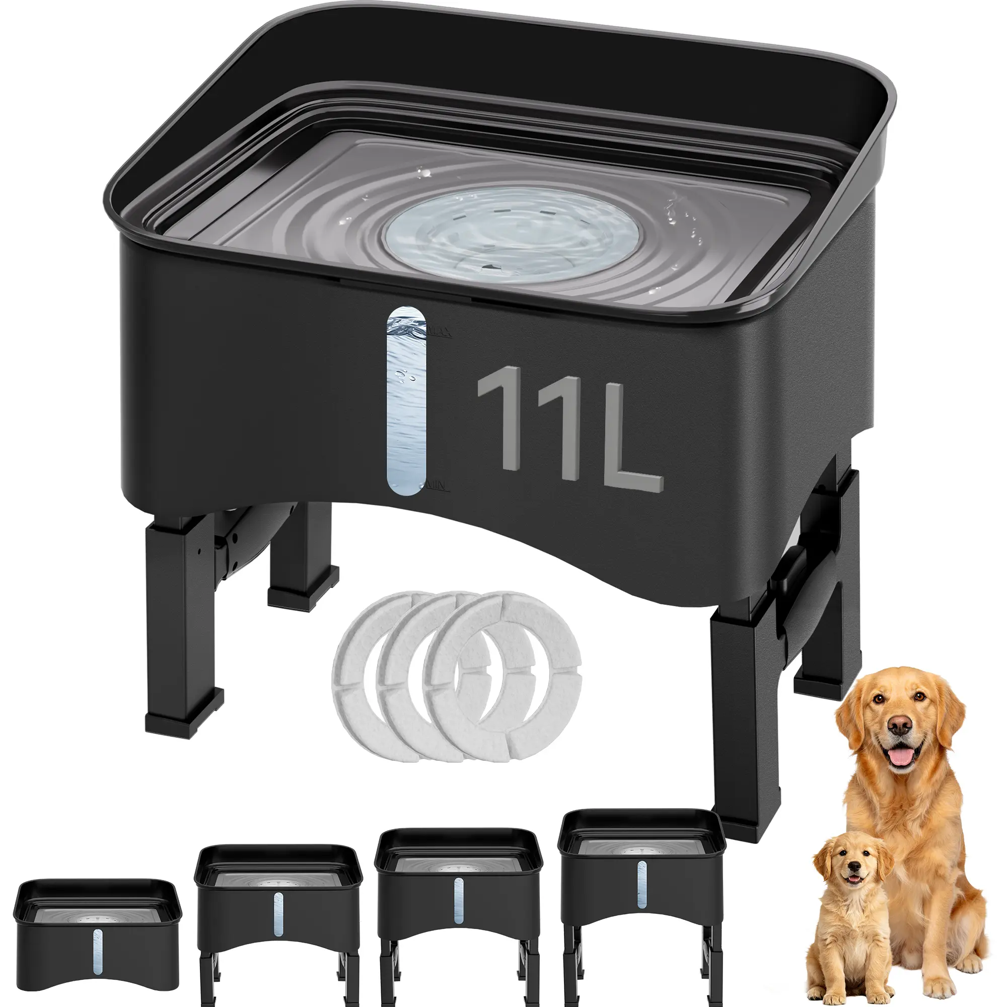 2.9Gal No Spill Dog Water Bowl, 4 Height Adjustable Elevated Bowl with Slow Drinking Feeder for Senior Dogs, Anti-Splash Floating Disk & Filter, Large Capacity for Large Dogs & Multi-Pet Homes