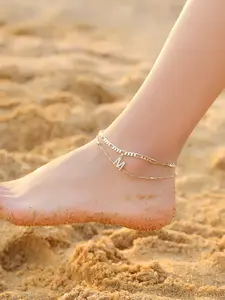 Vintage Gold Double Chain Letter Anklet, Personalized A-Z Initial Pendant Ankle Bracelet, Unique Statement Foot Jewelry for Party, Dainty Layered Anklet