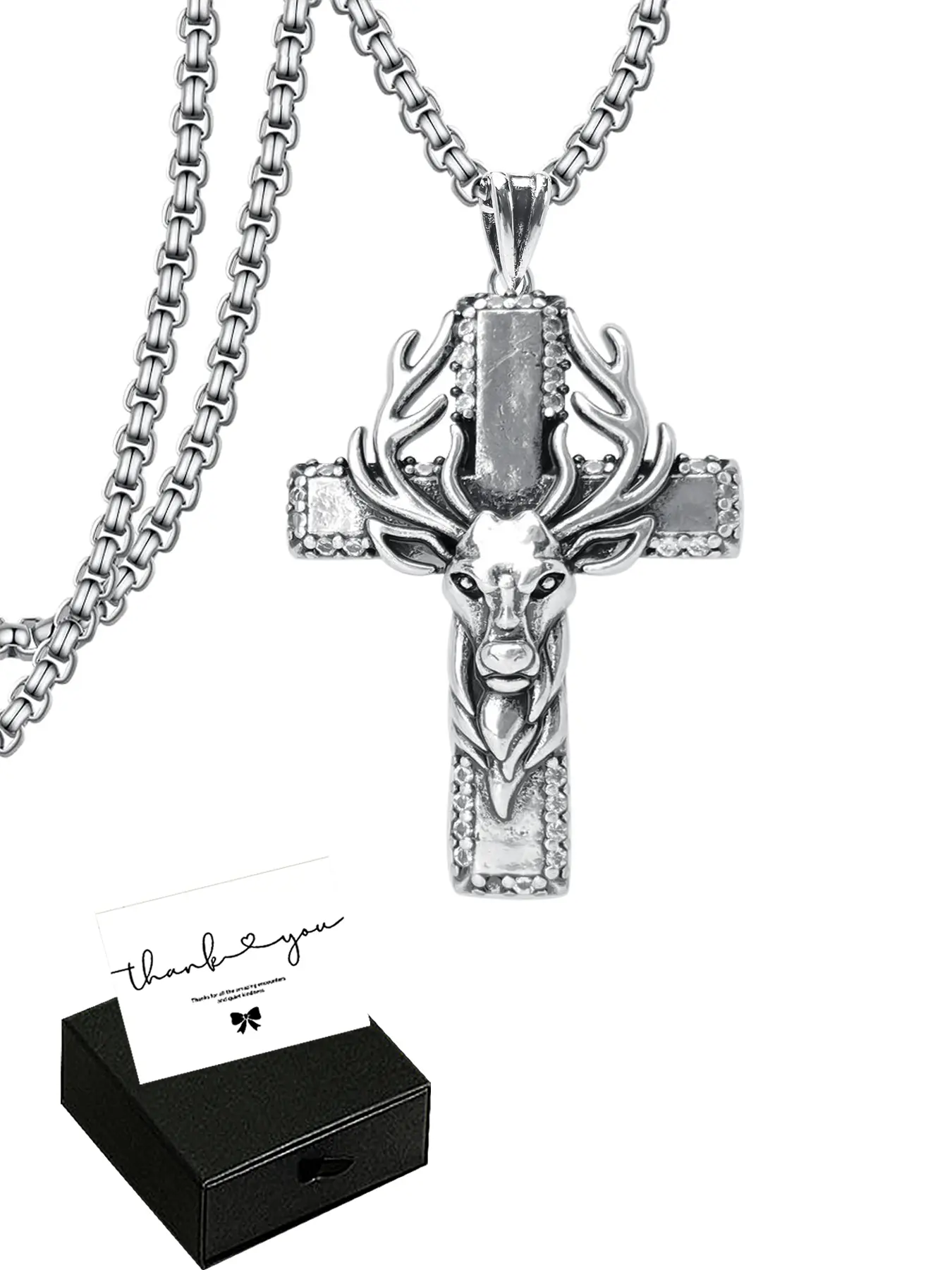 Deer Head Pendant Necklace, Guardian Cross Copper Charm, Vintage Style Unisex Gothic Mystery Jewelry, Ideal Christmas Gift for Men and Women