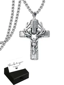Deer Head Pendant Necklace, Guardian Cross Copper Charm, Vintage Style Unisex Gothic Mystery Jewelry, Ideal Christmas Gift for Men and Women