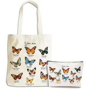 Inspirational Butterfly Gifts Christian Gifts for Women Girls Bestie Sister Religious Makeup Bag Canvas Tote Bag  Grocery Bags with Inner Pocket for Beach Shopping Birthday Friendship
