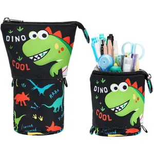 Standing Pencil Case for Boys - Telescopic Kawaii Pencil Pouch for , Big Capacity Stand Up Stationery Pouch for School Students, Black Dinosaur