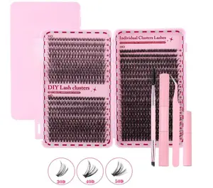 ANIMIZUMU Natural Cosmetic Lash Clusters Kit, 640 Pcs Curl Enhancing Realistic Smooth Daily Makeup Eyelash Extensions - 9-16mm D Curl Fluffy Wispy Individual Lashes with Thin Band, Bond, Seal & Tweezers