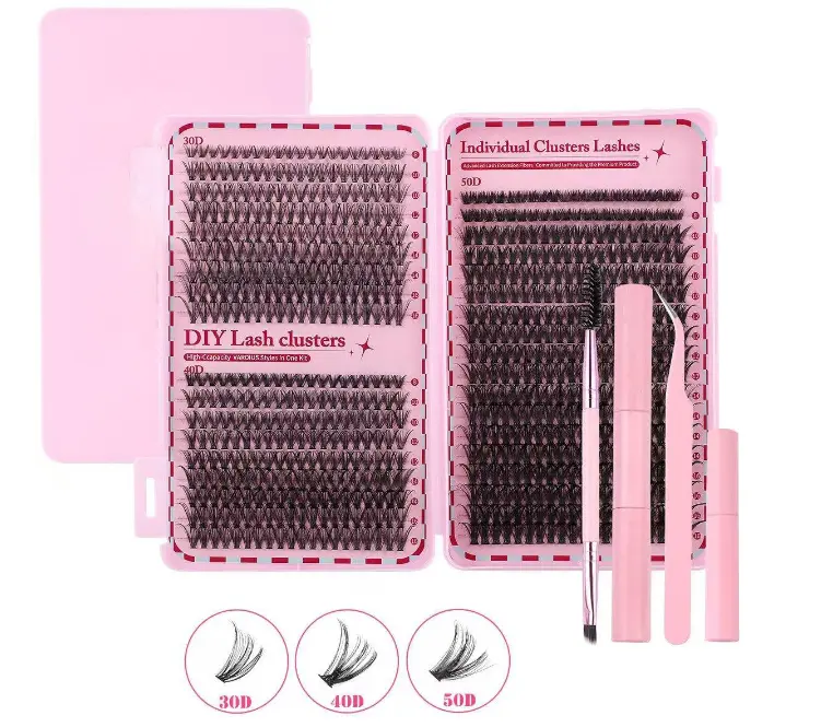 ANIMIZUMU Natural Cosmetic Lash Clusters Kit - 640 Pcs D Curl 9-16mm Fluffy Wispy Individual Eyelash Extensions with Thin Band, Curl Enhancement, Realistic Smooth Finish, Bond, Seal & Tweezers for Daily Makeup, Eyelashes Extensions
