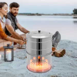 Large Portable Charcoal Grills, Stainless Charcoal BBQ Grill Barrel 360° Smokeless Outdoor with 50 Skewers, Boiling Pot Barbecue Smoker Grill for Travel, Outdoor Cooking and BBQ Silver