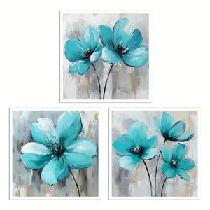3 Pieces Abstract Flower Canvas Wall Art Teal And Grey Floral Bloom Pictures Still Life Artwork For Bedroom Bathroom Home Decor Blue Decoration Poster Ornaments Artistic Photo Print