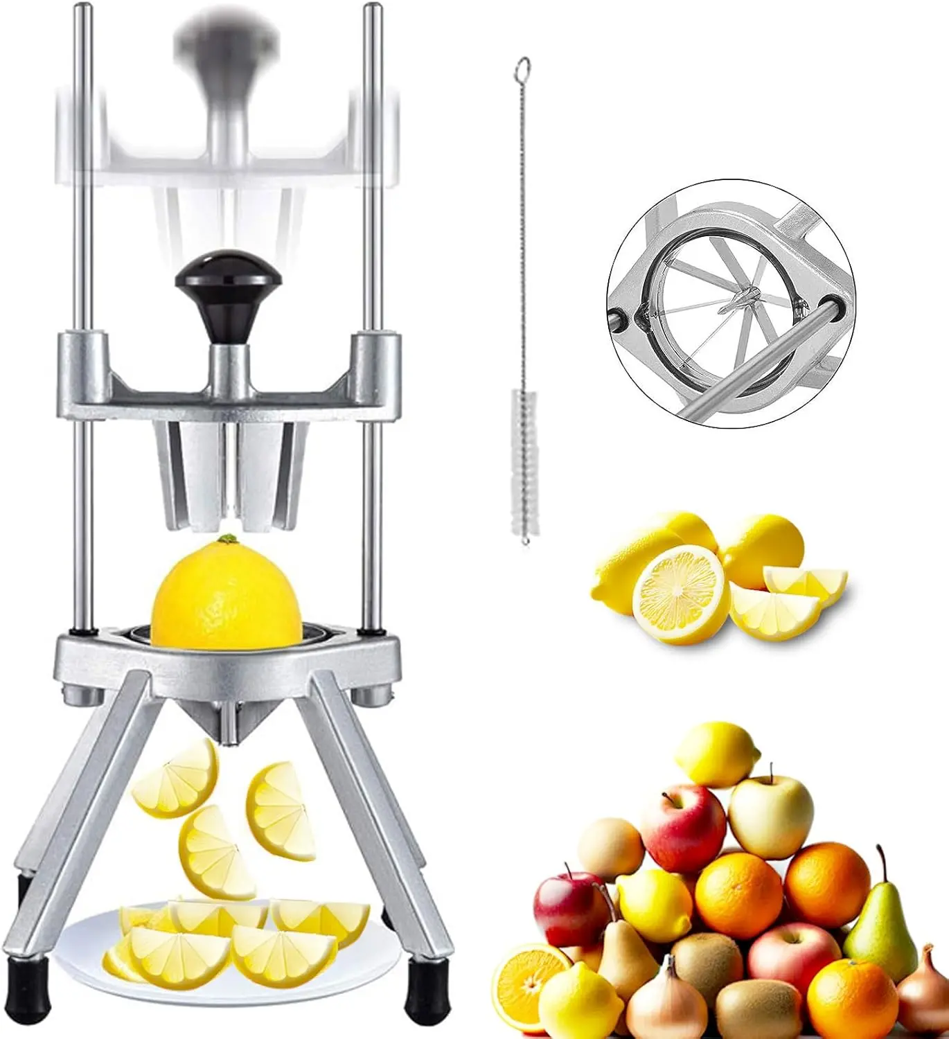 8-Stage Durable Vegetable Slicer - Commercial Stainless Steel Blade Kitchen Utensil, Lemon/Lime 8-Wedge Cutter for Bars, Restaurants