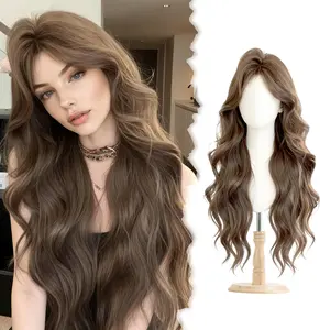 Goddess Waves: 21.7" Middle Part Long Wavy Synthetic Wig - Natural Milk Tea Ash Brown - Full Volume Heat Resistant Daily Wear