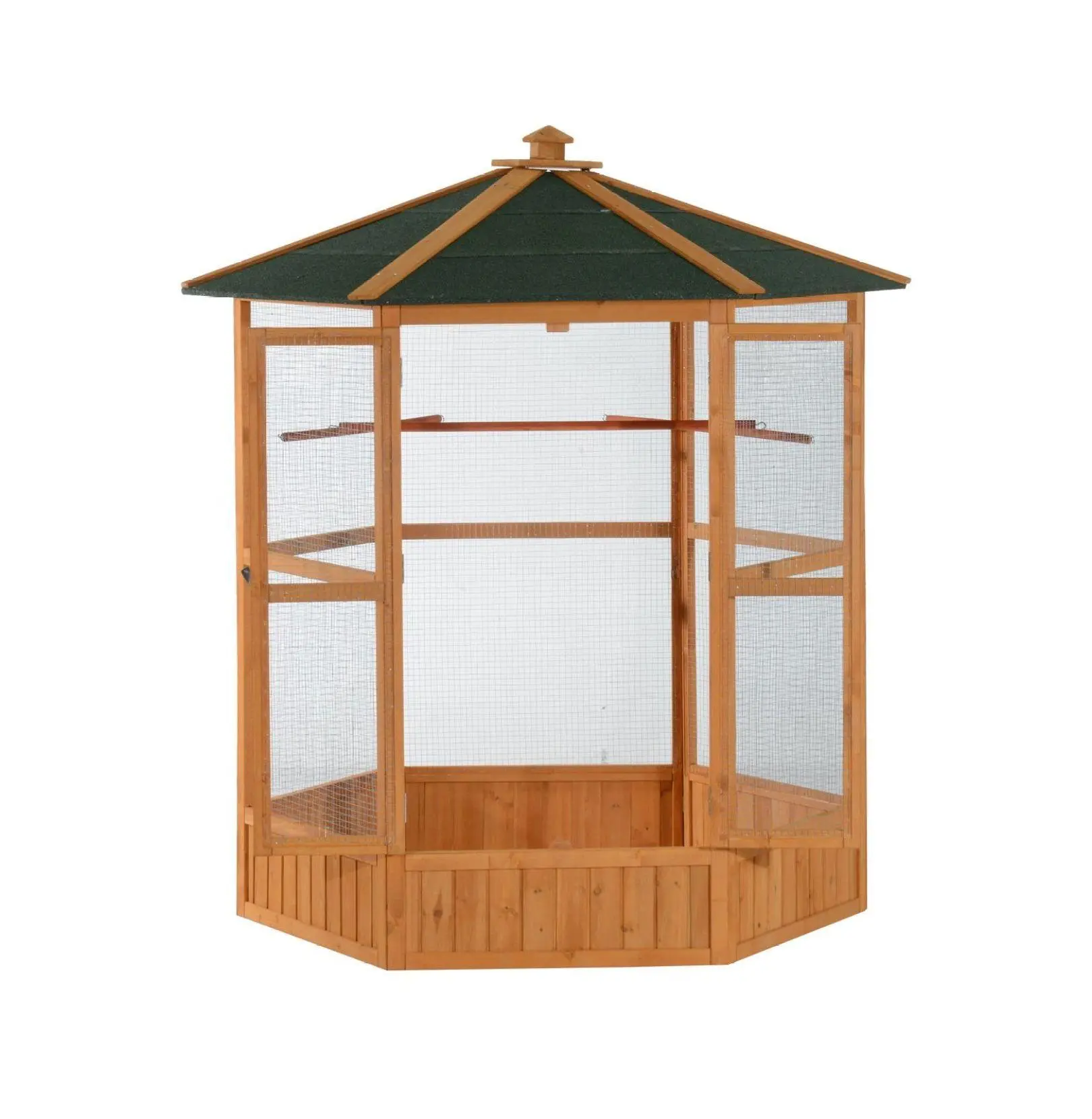 Brown Wooden Hexagonal Birdcage - 59" L x 59" W x 69.75" H, Covered Roof Outdoor Flight Habitat with Birdcage Cover, Sunlight Access, Adequate Ventilation, 80 lbs All-Seasons Home for Finches, Parakeets